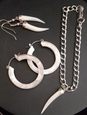 Silver Chain Necklace and Hoop Earrings Set with White Horn Pendant Mop